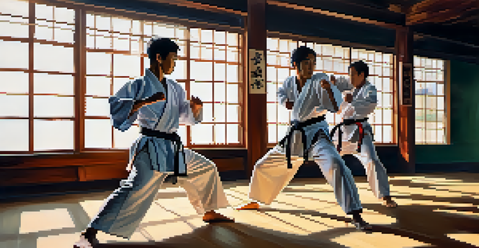 A diverse group of martial arts practitioners training together in a dojo, with bright sunlight streaming through the windows and casting shadows.