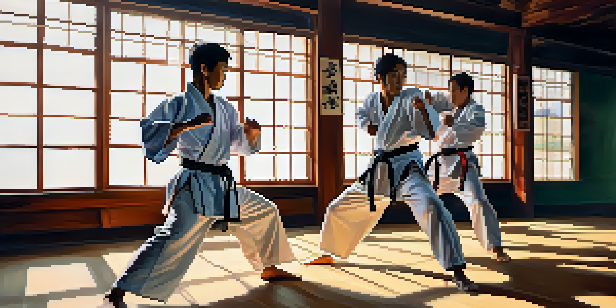 A diverse group of martial arts practitioners training together in a dojo, with bright sunlight streaming through the windows and casting shadows.