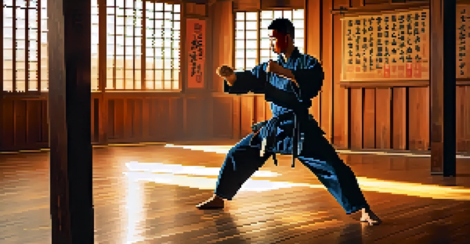 A martial artist practicing a roundhouse kick in a peaceful dojo at sunrise, with warm light illuminating the space.