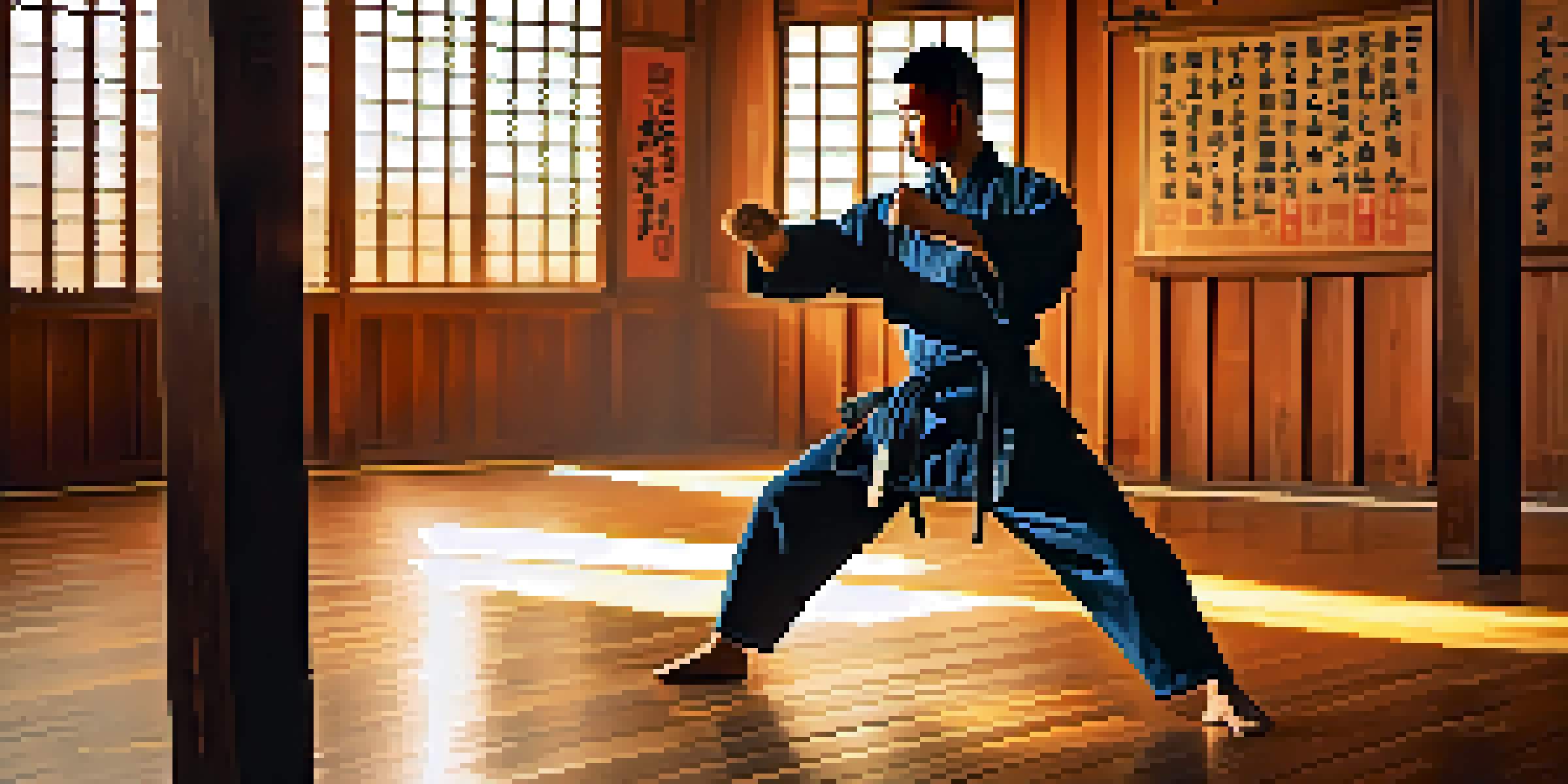 A martial artist practicing a roundhouse kick in a peaceful dojo at sunrise, with warm light illuminating the space.