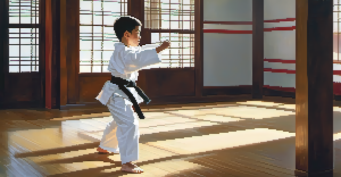 A young boy in a karate gi practicing in a well-lit dojo, showcasing determination and focus.