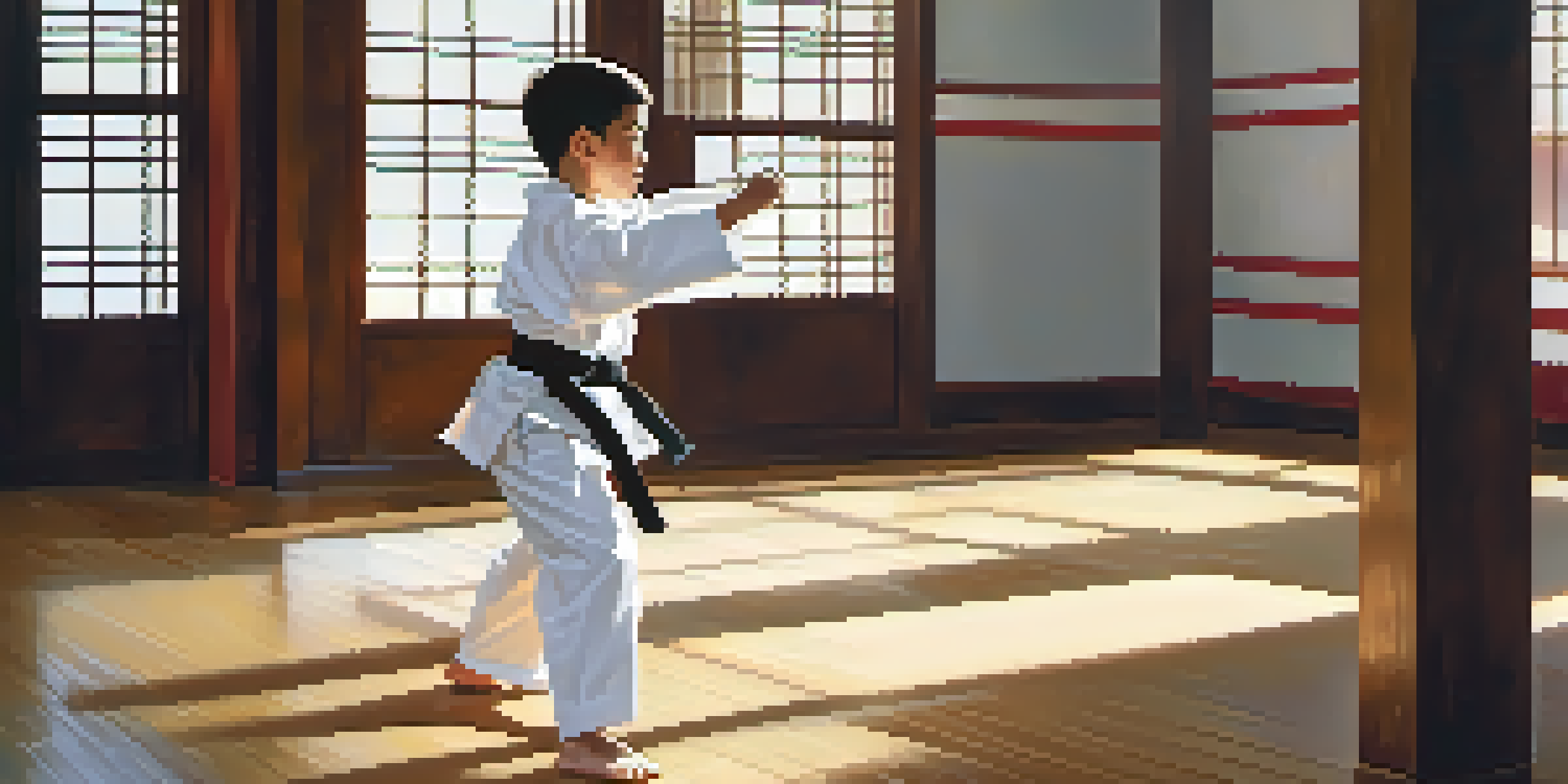 A young boy in a karate gi practicing in a well-lit dojo, showcasing determination and focus.