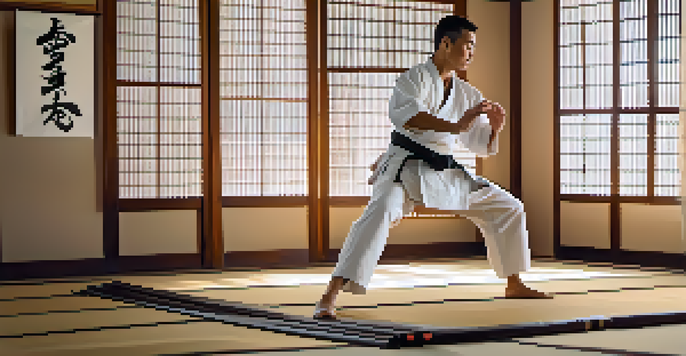 A martial arts practitioner in a white gi performs a kick in a peaceful dojo with wooden floors and soft morning light.