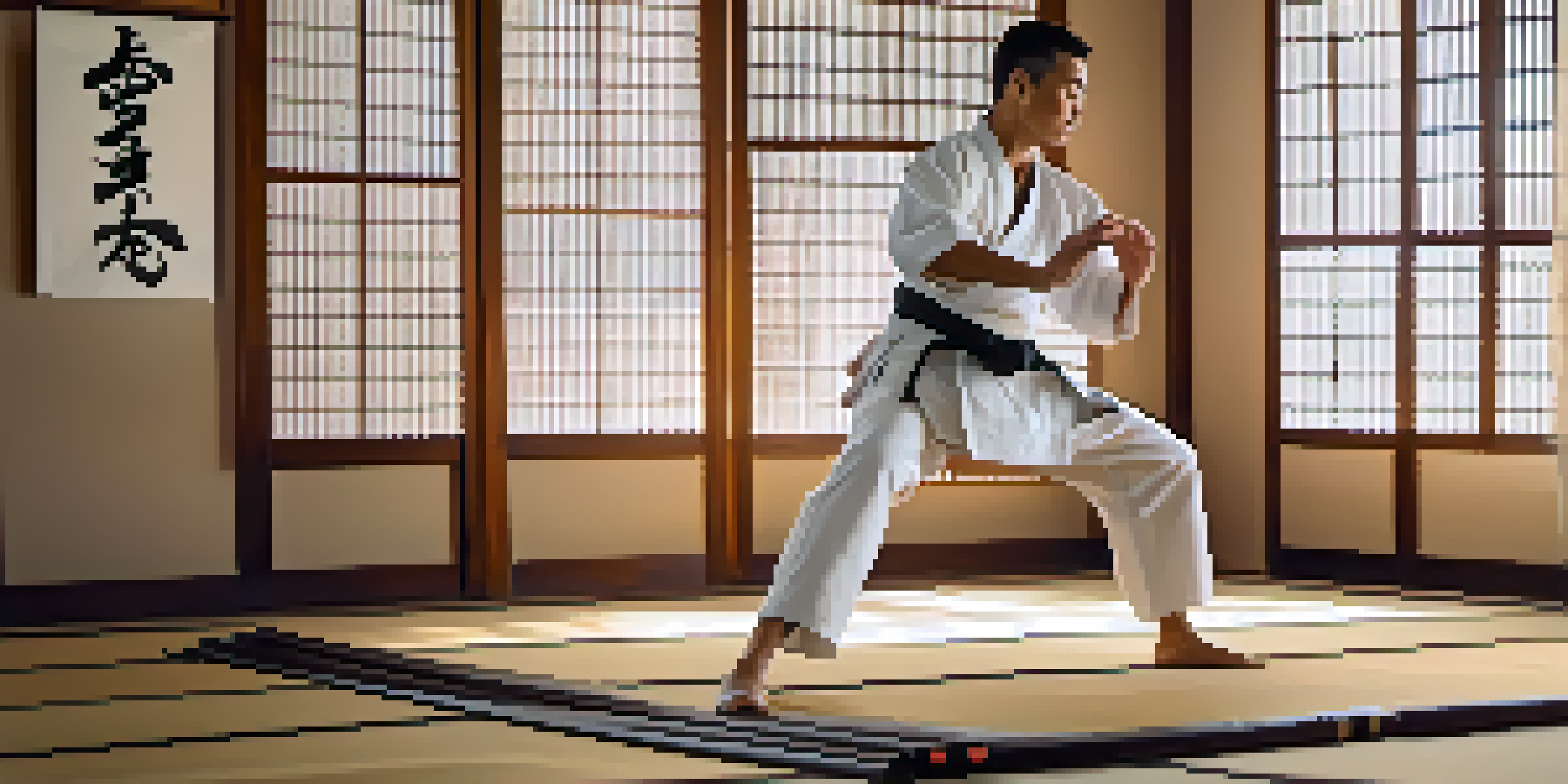 A martial arts practitioner in a white gi performs a kick in a peaceful dojo with wooden floors and soft morning light.