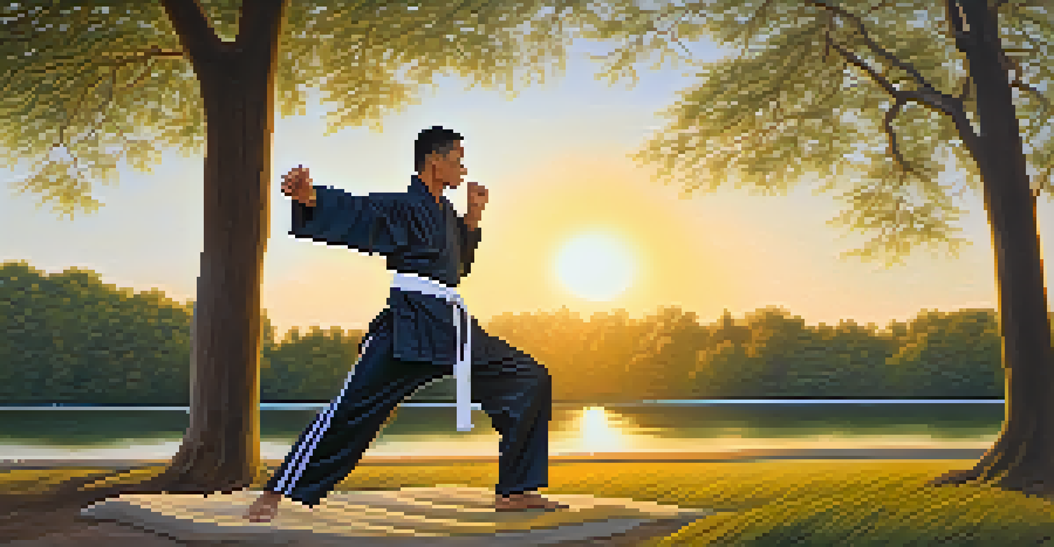 A martial artist practicing deep breathing in a peaceful park during sunset.