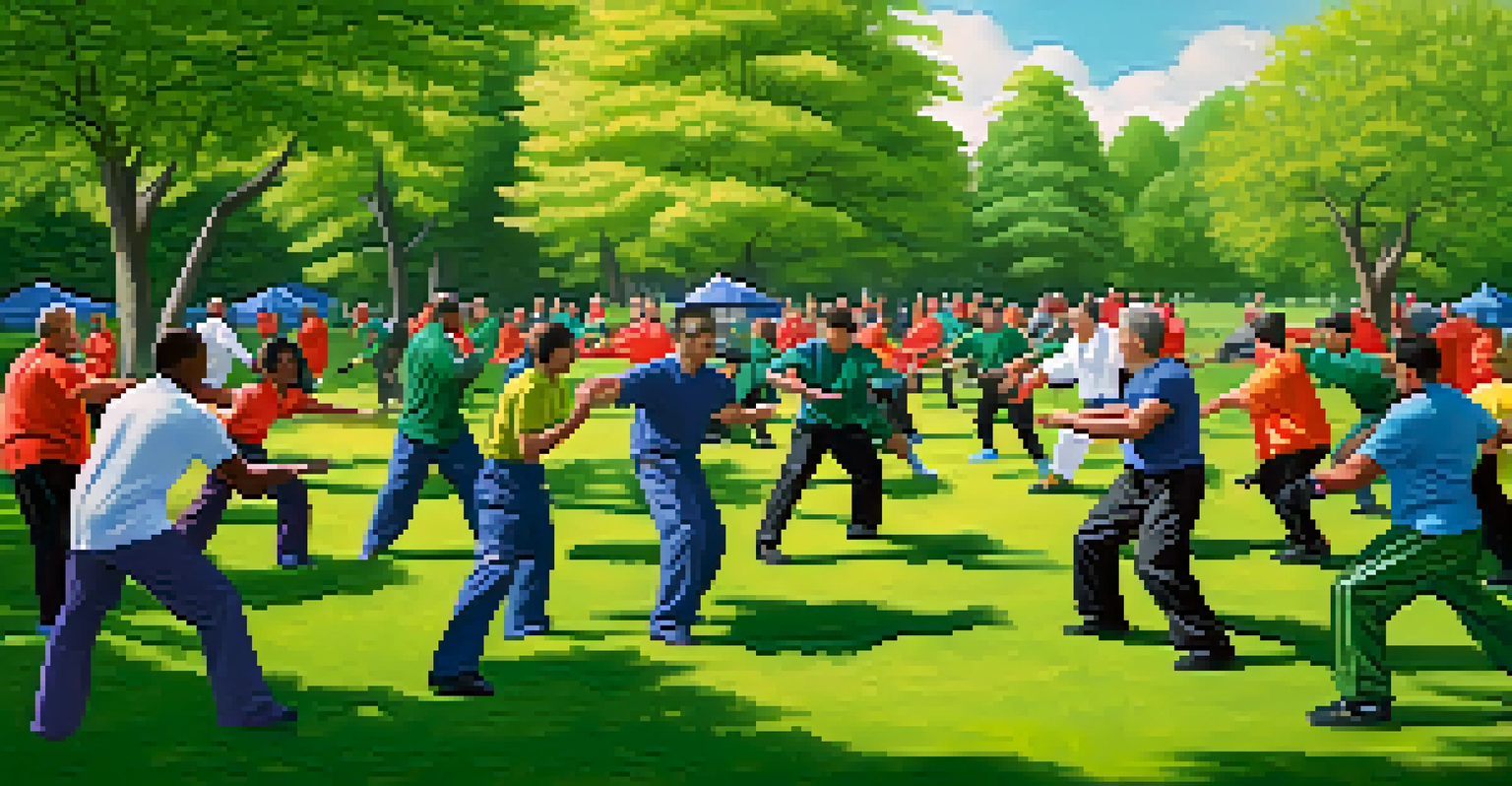 A group of people practicing self-defense techniques outdoors in a park, surrounded by greenery.