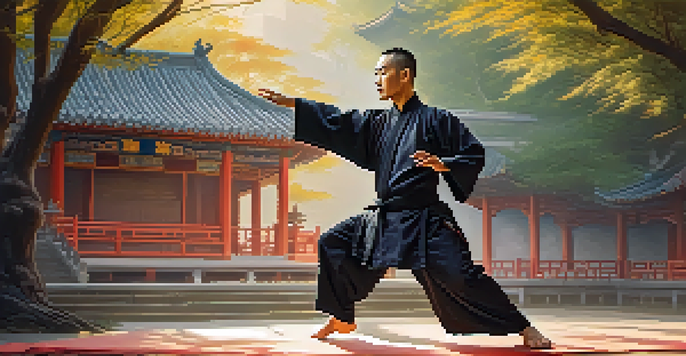 A kung fu master in traditional clothing performing a kick in front of a Chinese temple with sunlight filtering through trees, casting shadows.