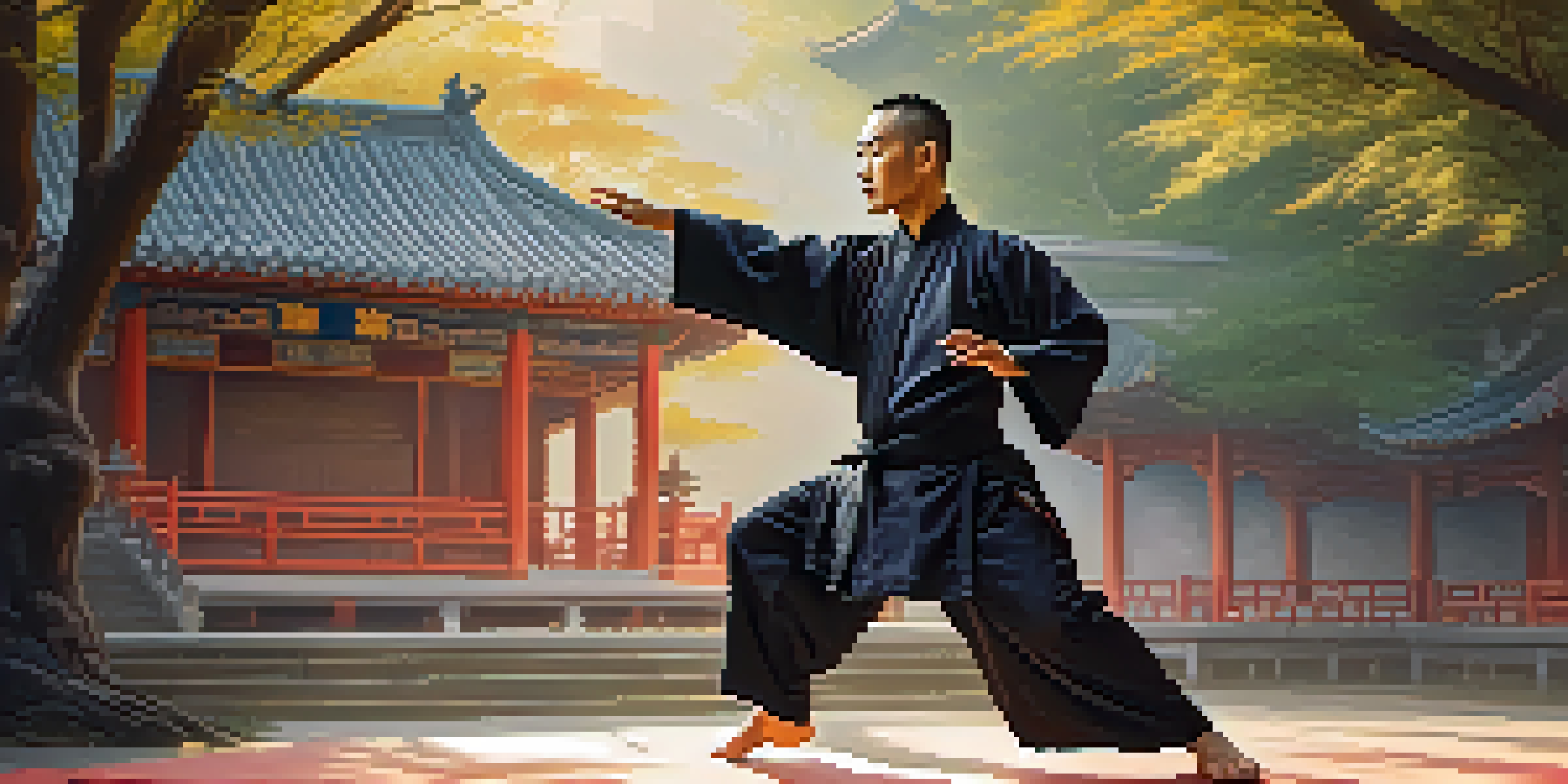 A kung fu master in traditional clothing performing a kick in front of a Chinese temple with sunlight filtering through trees, casting shadows.
