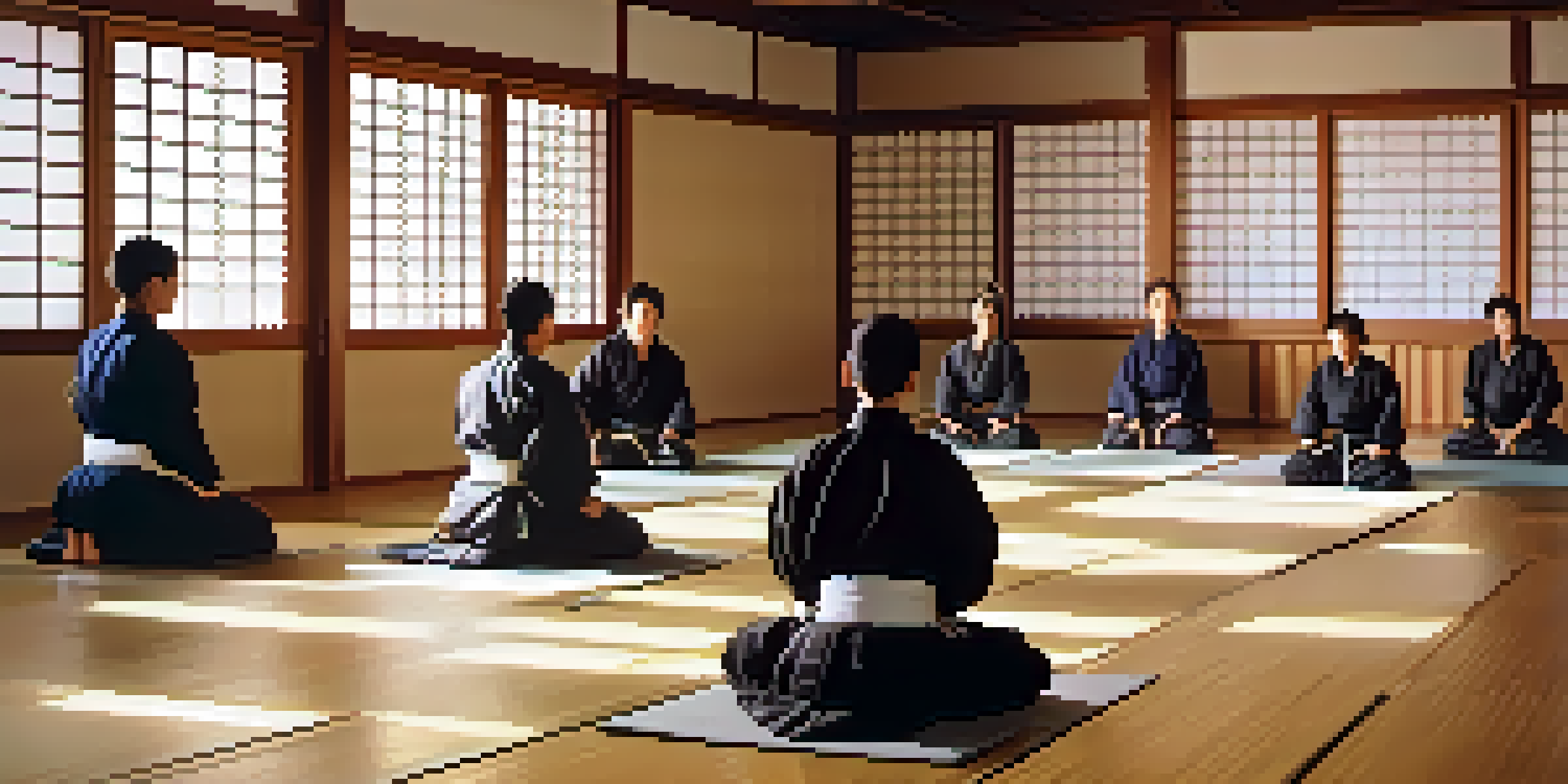 A dojo with an instructor teaching martial arts to diverse students, highlighting focus and respect in a warm, serene environment.