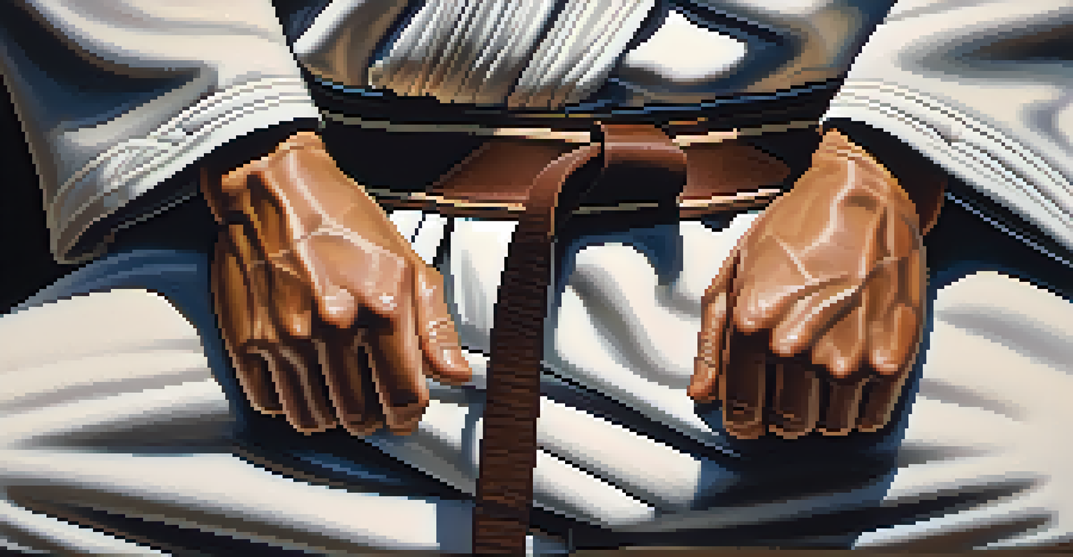 A close-up of a martial artist's hands holding a dojo belt, symbolizing dedication and achievement.