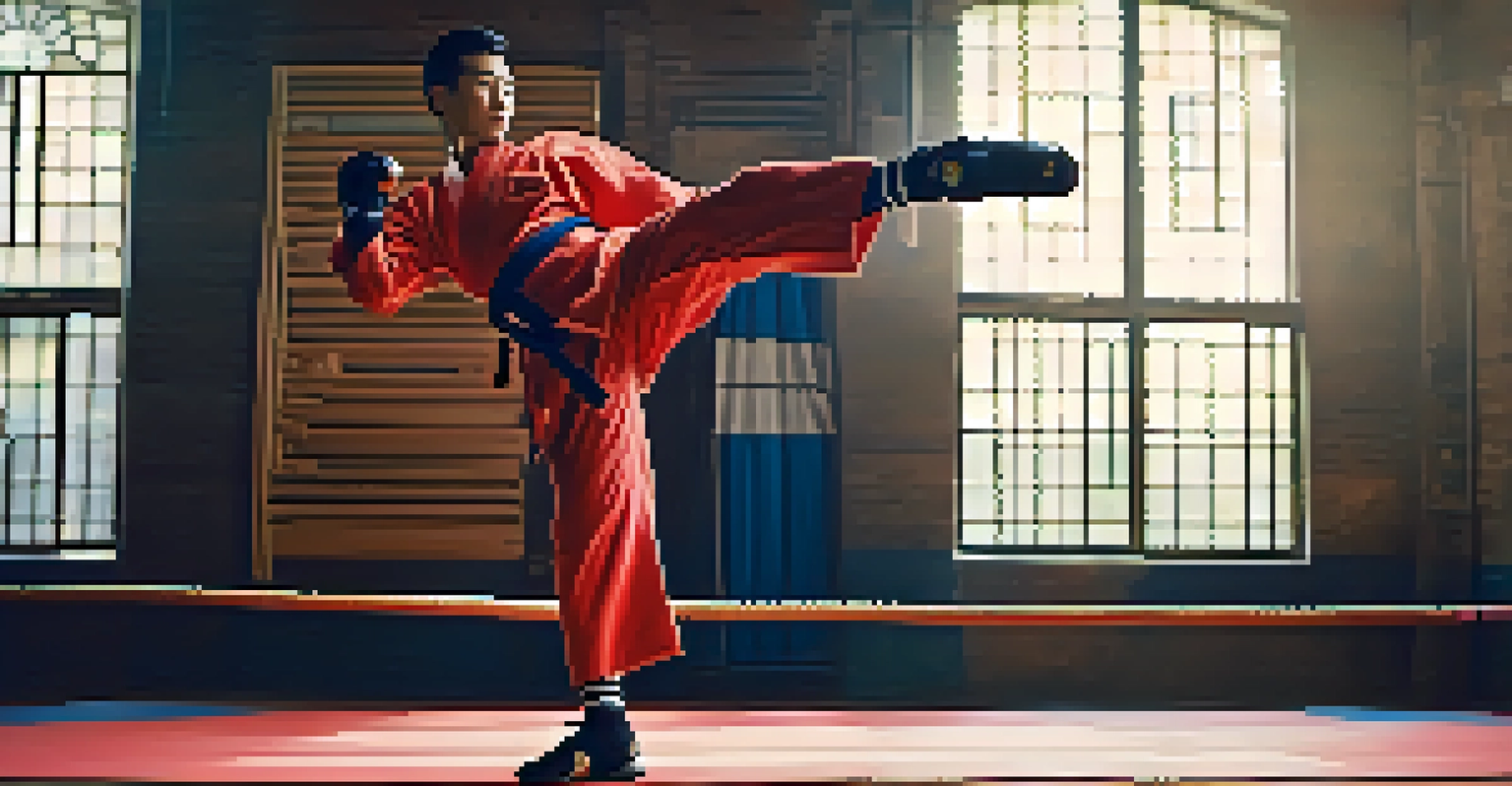 Close-up of a martial artist executing a kick with perfect technique, showcasing muscle definition and form.