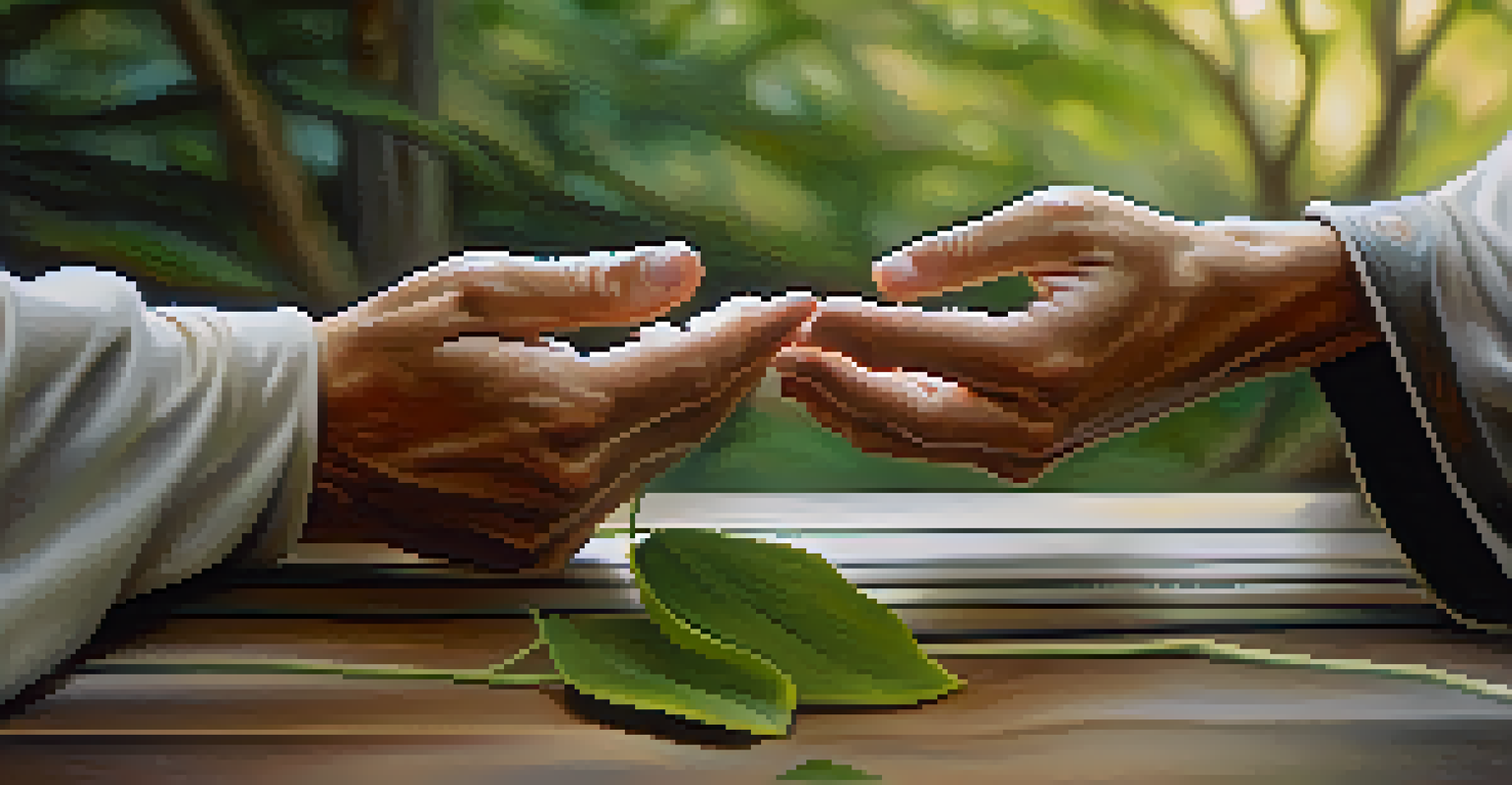 Close-up of a martial artist's hands in a meditative posture against a blurred serene nature background.