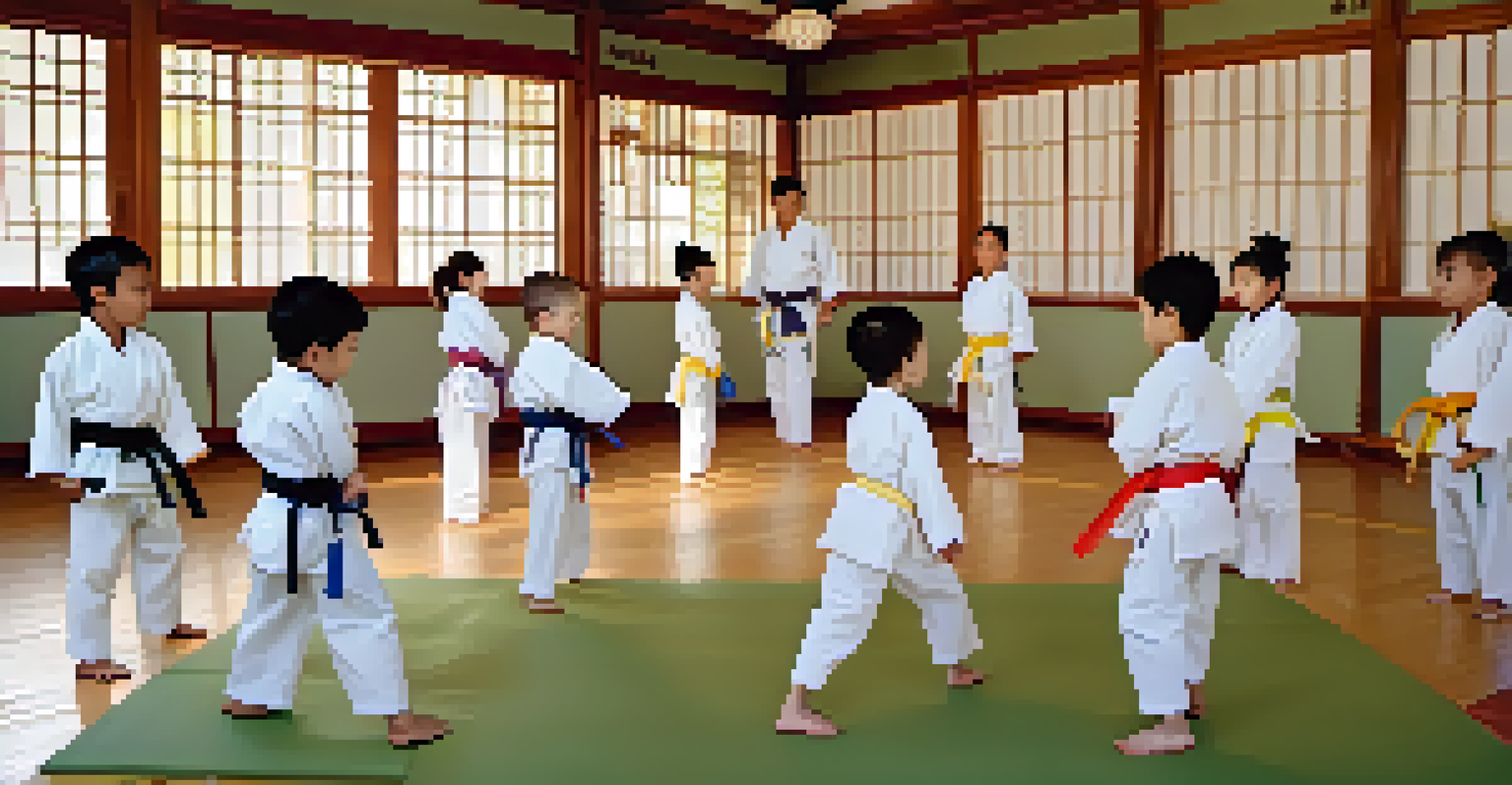 A group of children in martial arts uniforms practicing partner drills in a dojo, showcasing teamwork and cooperation.