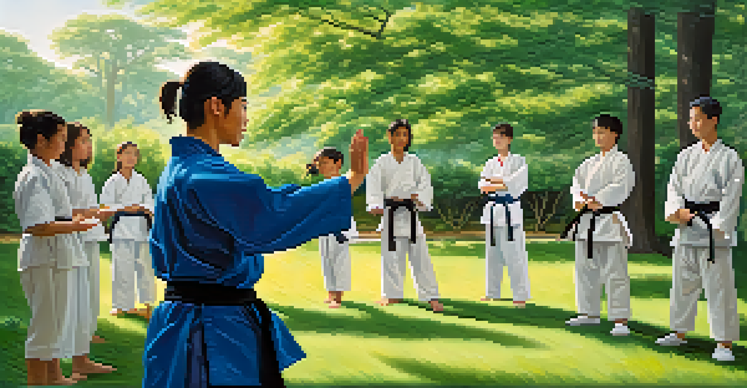 A martial arts instructor guiding students in empathy training outdoors, surrounded by nature.