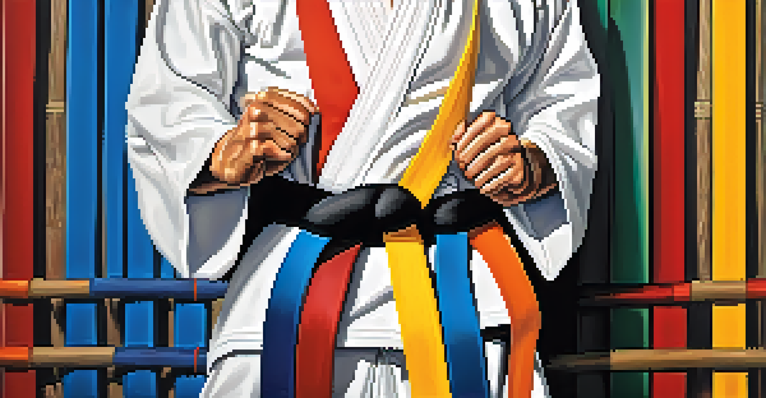 A close-up of a martial artist's hands gripping a colorful belt in a dojo.