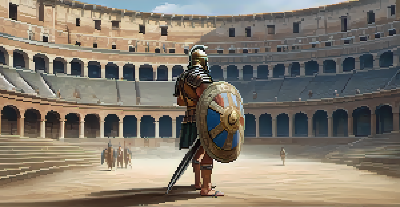 A close-up of a Murmillo gladiator in armor, holding a gladius and shield, with the Colosseum in the background.