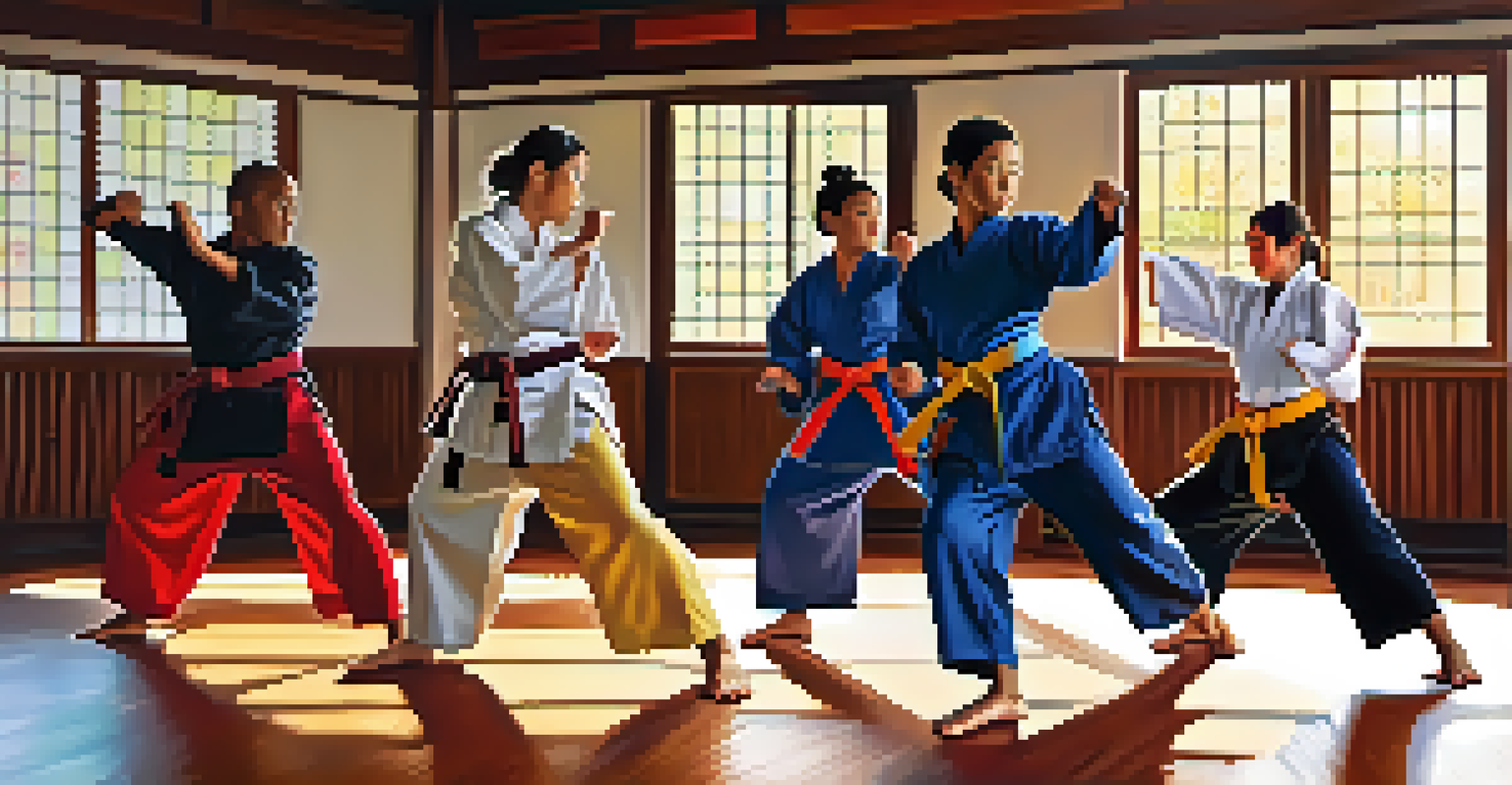 A diverse group of martial arts students practicing a synchronized kata in a dojo, wearing colorful belts and focused expressions.