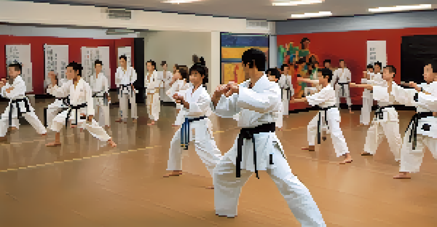 A martial arts instructor demonstrating a technique to a group of students, showcasing a high kick in a dynamic dojo setting.