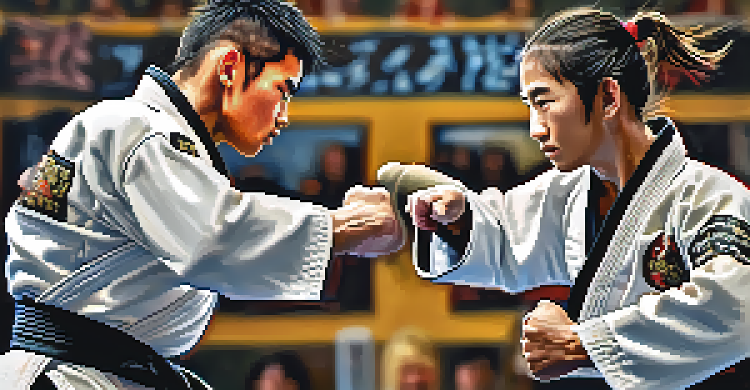 Two martial artists sparring in a dojo, demonstrating respect and collaboration.