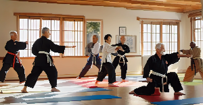 Seniors practicing adaptive martial arts in a bright studio, guided by an instructor, showcasing a supportive and inclusive environment.