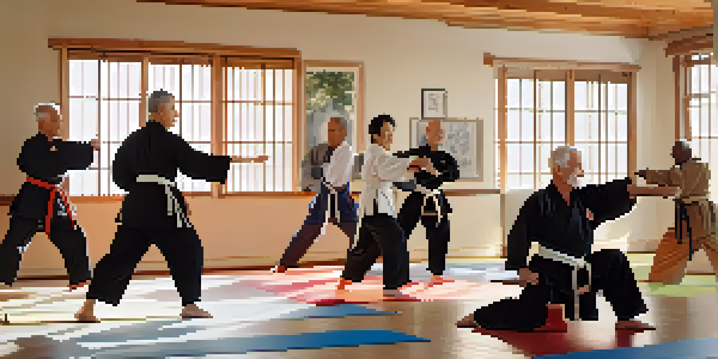 Seniors practicing adaptive martial arts in a bright studio, guided by an instructor, showcasing a supportive and inclusive environment.
