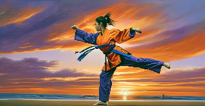 A female martial artist performing a high kick against a colorful sunset, wearing traditional martial arts attire with a determined expression.