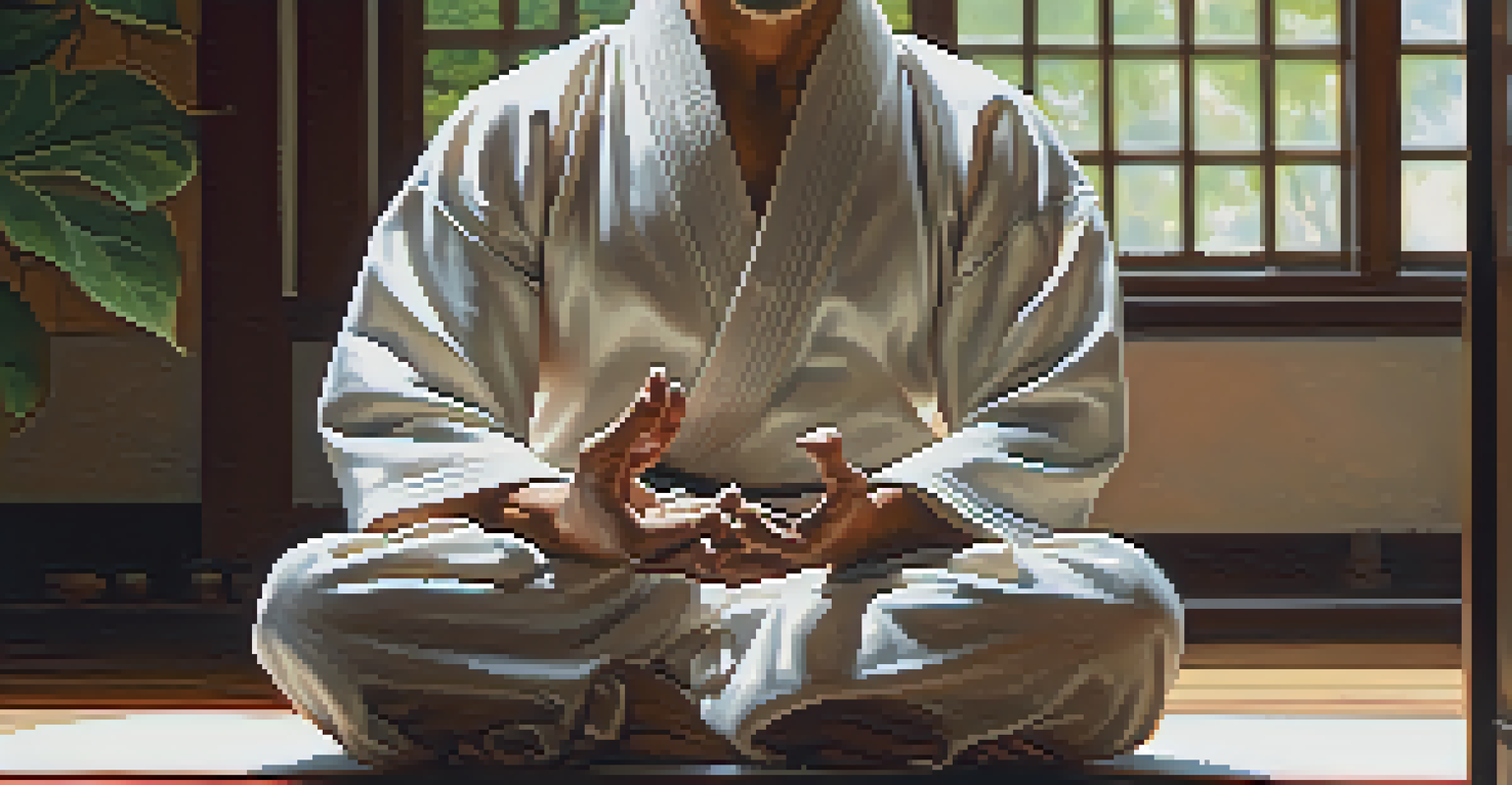 Close-up of a martial artist's hands in a meditation pose in a softly lit dojo.