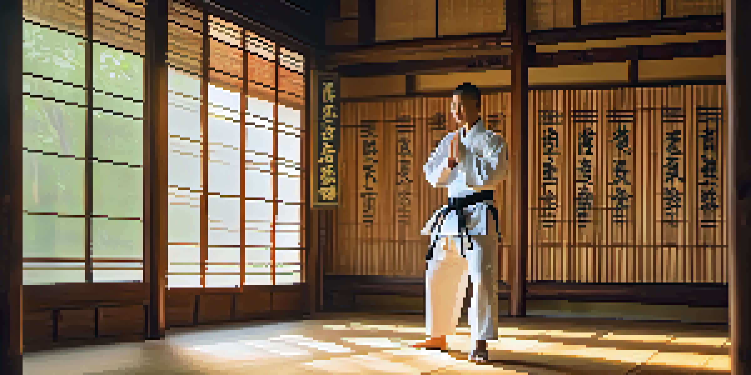 A martial artist practicing in a dojo at sunrise, with wooden floors and inspirational calligraphy on the walls.