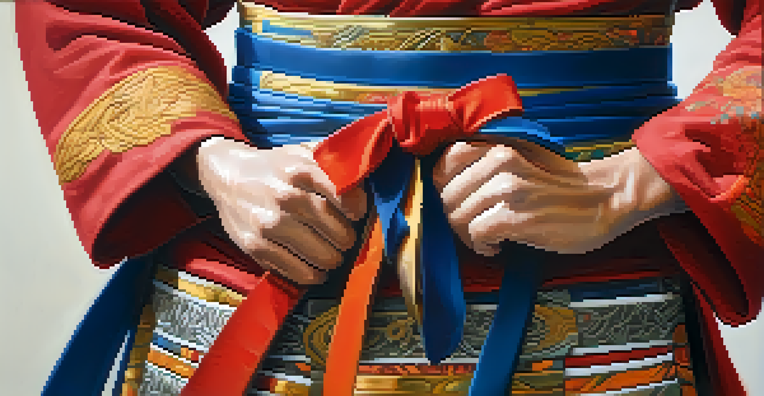 A close-up of a martial artist tying a colored belt, emphasizing the fabric's texture and colors, with a dojo faintly visible in the background.