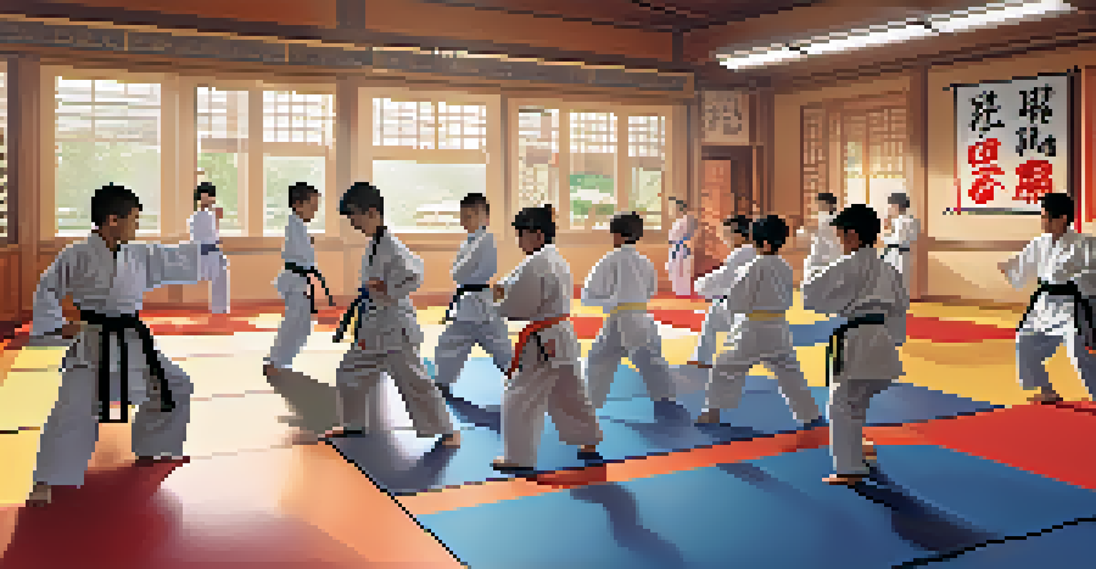 Children in colorful martial arts uniforms practicing techniques in a bright dojo with natural light and motivational posters.