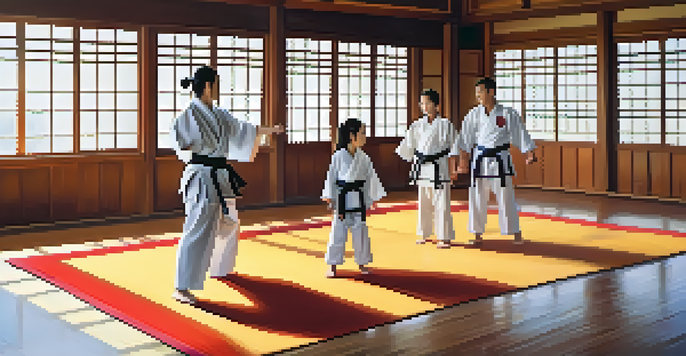 A family practicing martial arts in a dojo, showcasing teamwork and discipline.