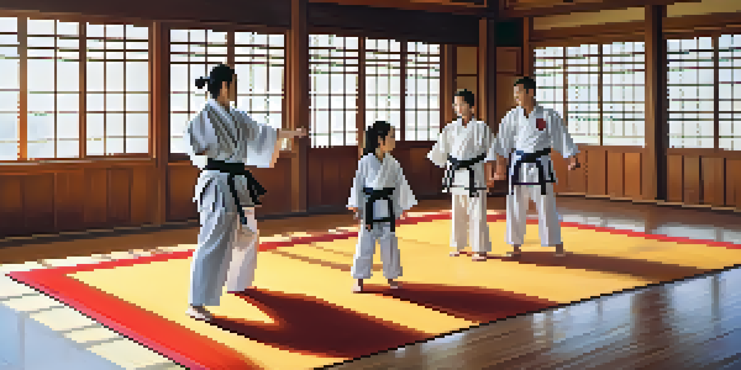 A family practicing martial arts in a dojo, showcasing teamwork and discipline.