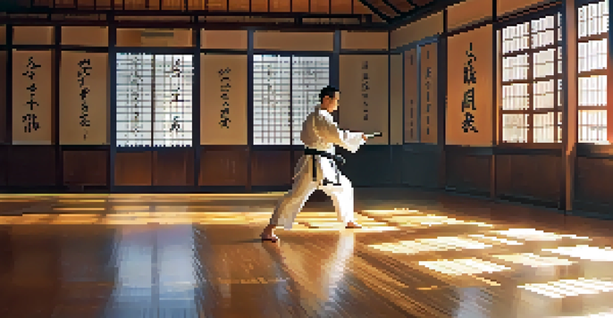 A peaceful martial arts dojo with a practitioner practicing kata in warm morning light, surrounded by traditional equipment and motivational calligraphy.
