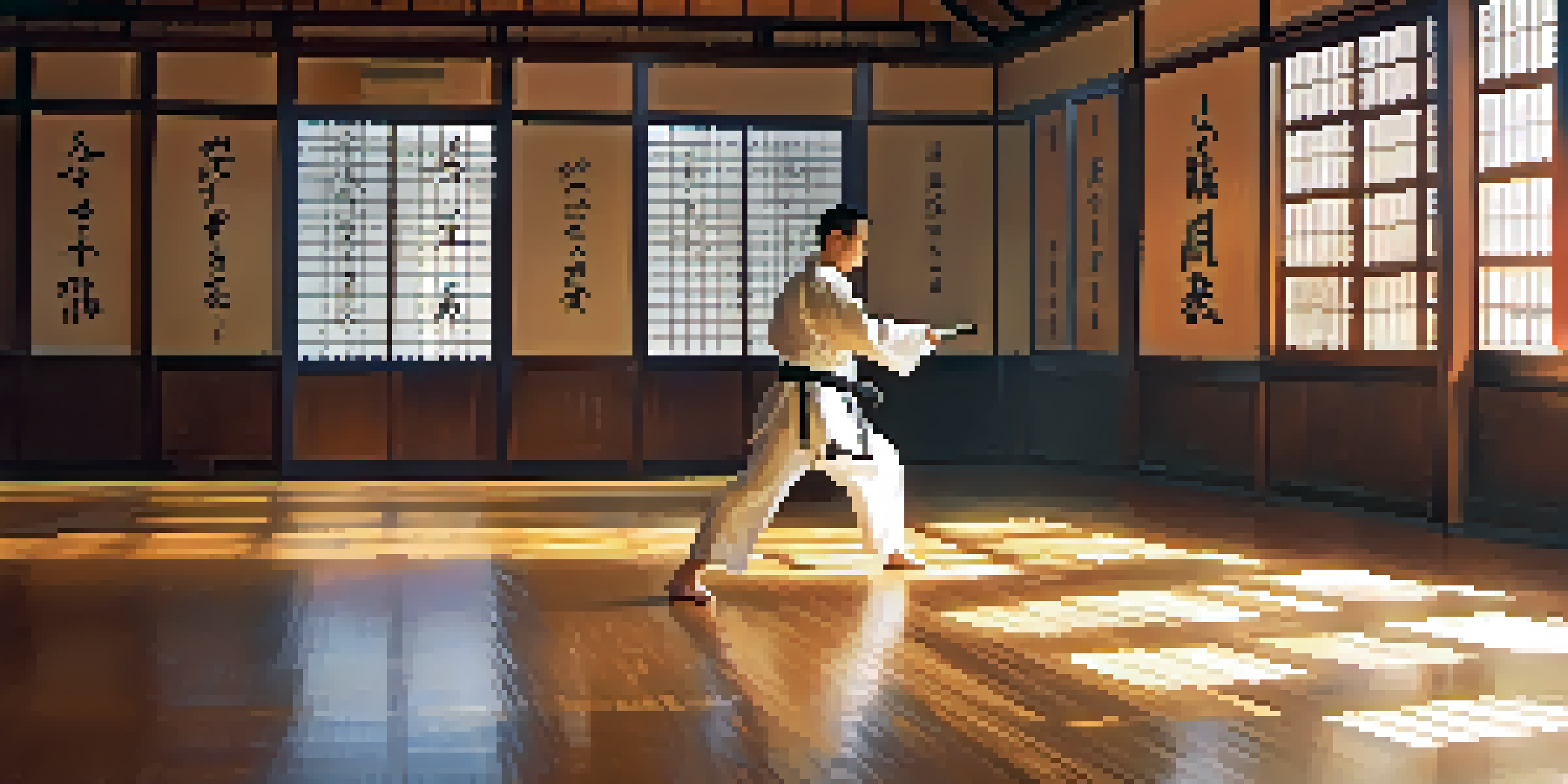 A peaceful martial arts dojo with a practitioner practicing kata in warm morning light, surrounded by traditional equipment and motivational calligraphy.
