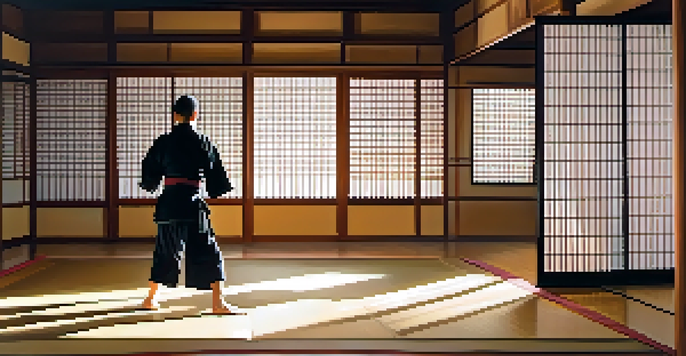 A martial artist practicing kata in a peaceful dojo with morning light filtering through shoji screens.