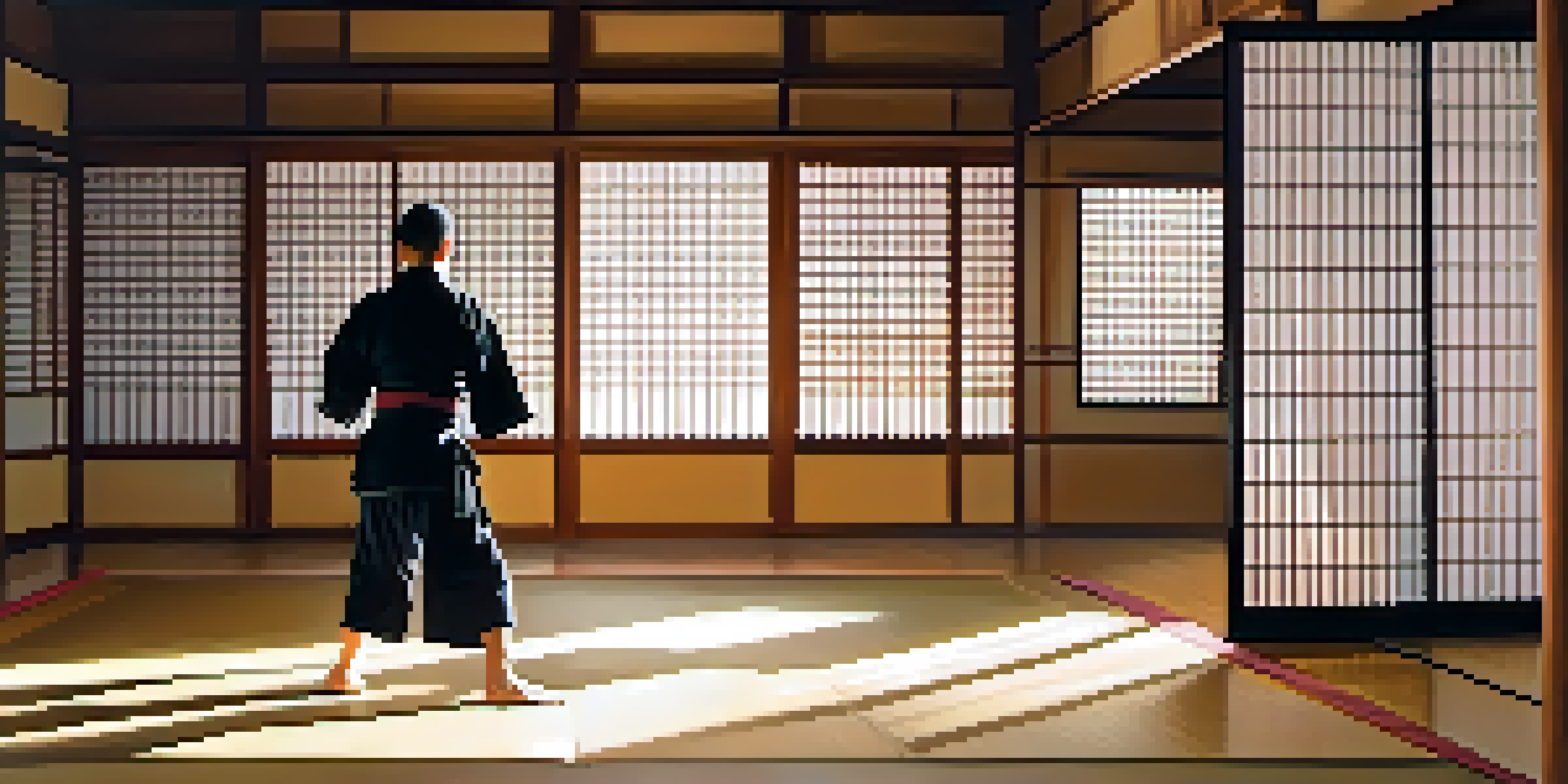 A martial artist practicing kata in a peaceful dojo with morning light filtering through shoji screens.