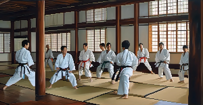 A group of diverse martial artists training together in a dojo, demonstrating collaboration and respect.