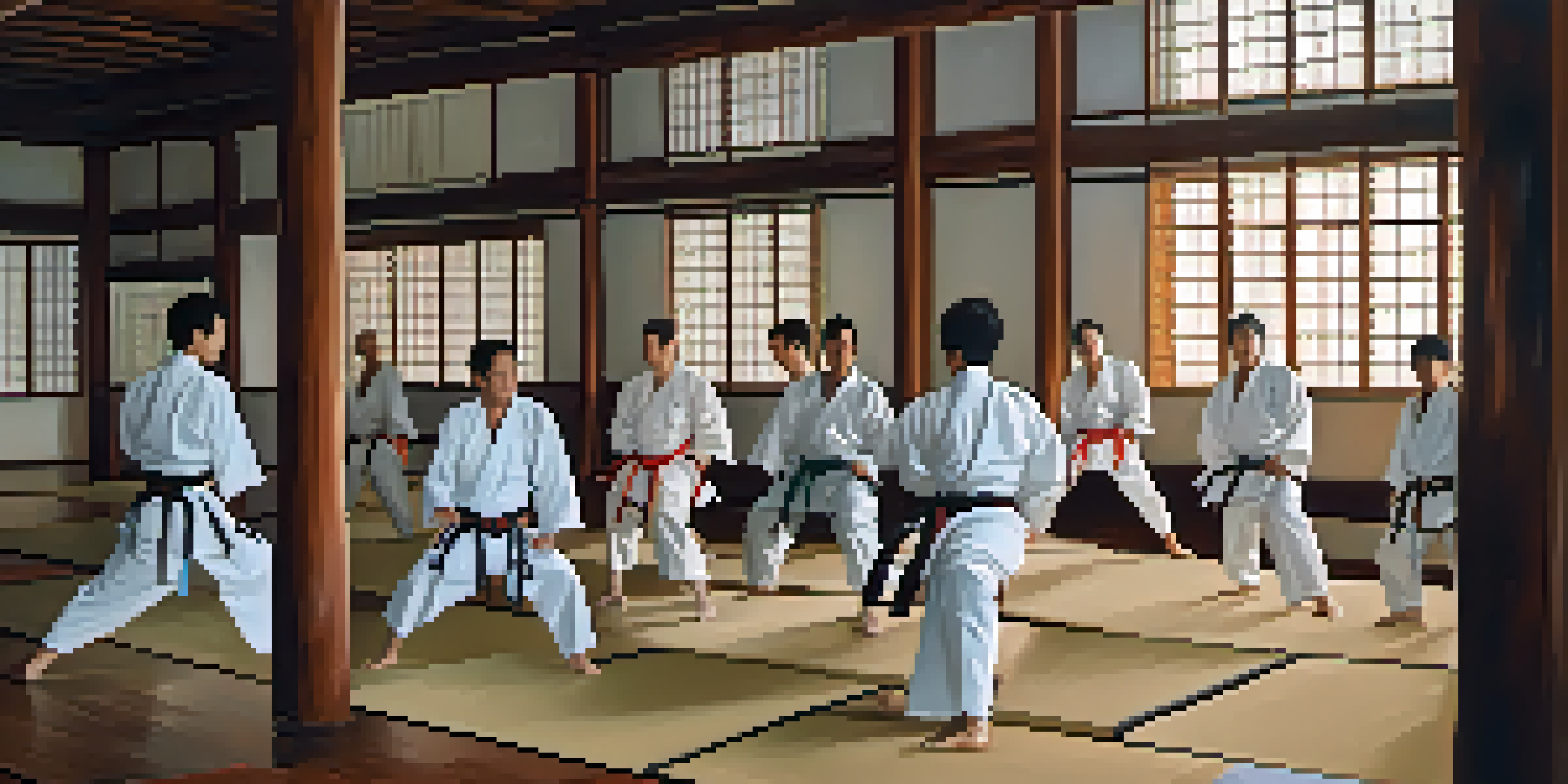 A group of diverse martial artists training together in a dojo, demonstrating collaboration and respect.