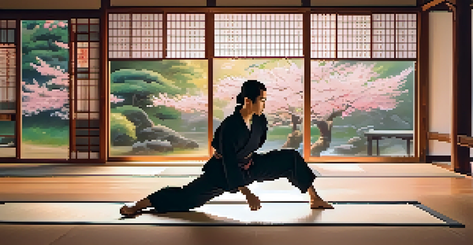 A martial artist practicing kata in a dojo illuminated by dawn light, with cherry blossom trees visible through a window.