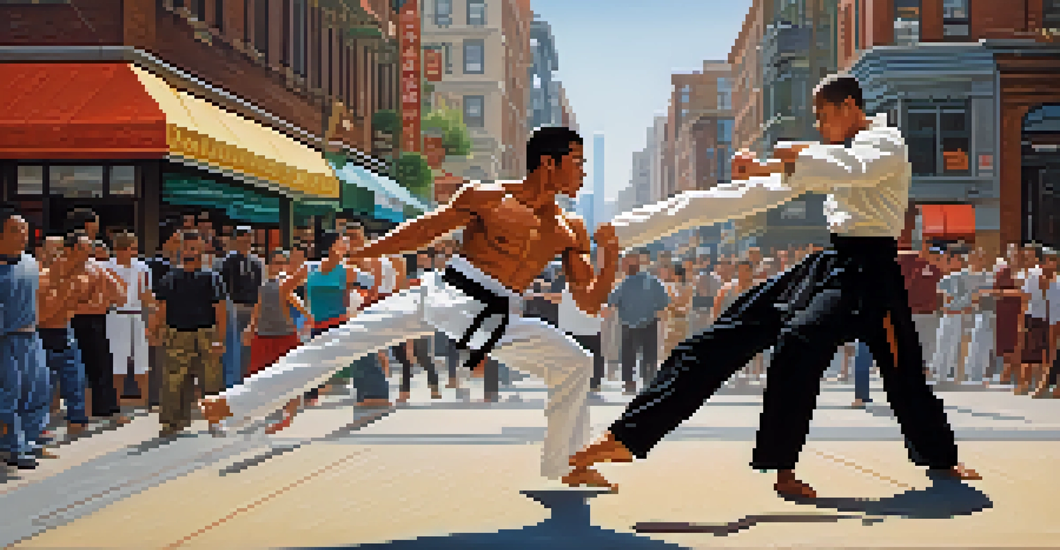 A martial artist in a black belt demonstrating a defensive move on a busy urban street.