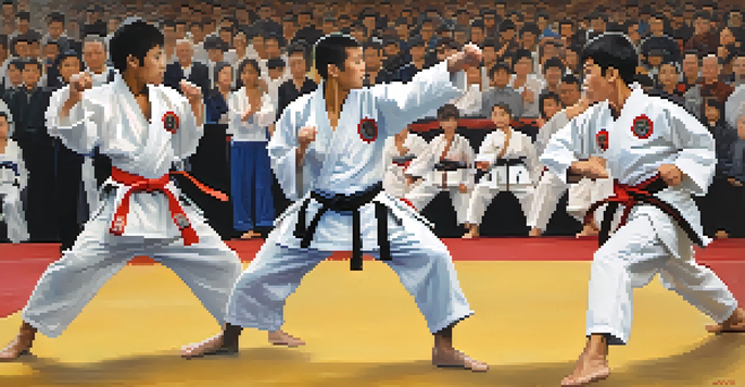 A lively martial arts tournament with competitors in different styles and an engaged audience in the background.