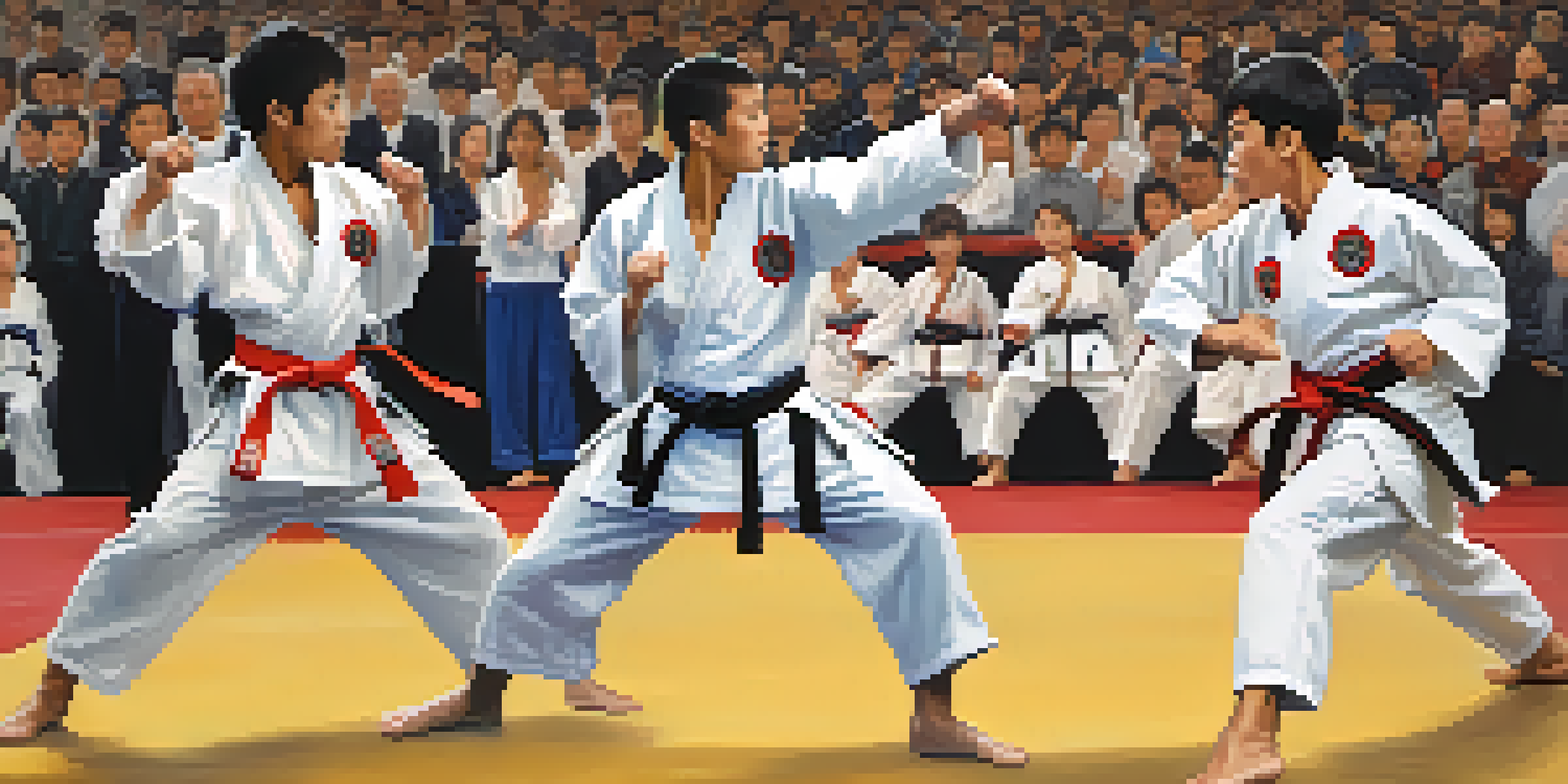A lively martial arts tournament with competitors in different styles and an engaged audience in the background.