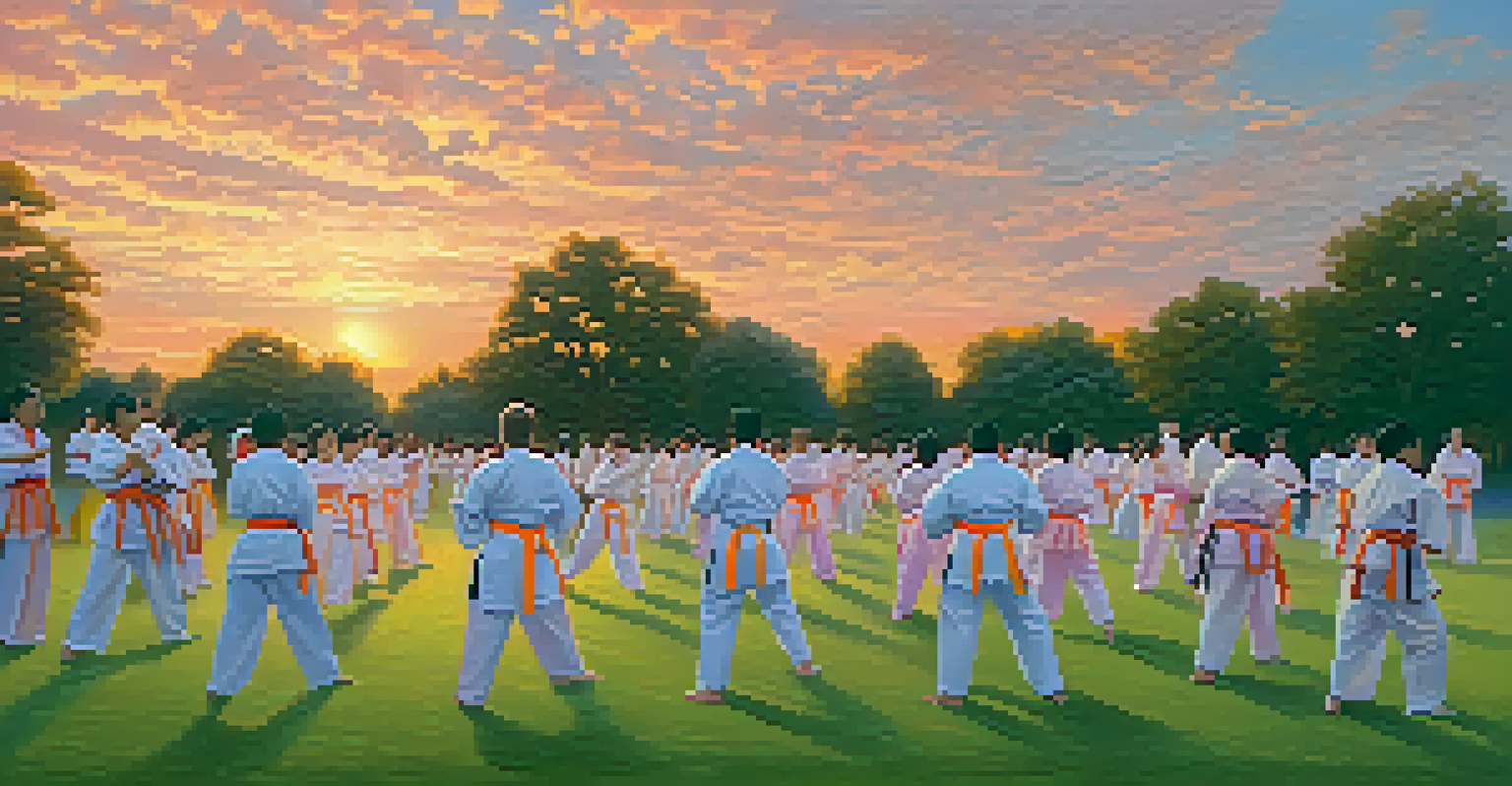 A diverse group of martial artists performing synchronized kata in a park at sunset, surrounded by vibrant colors and a sense of community.
