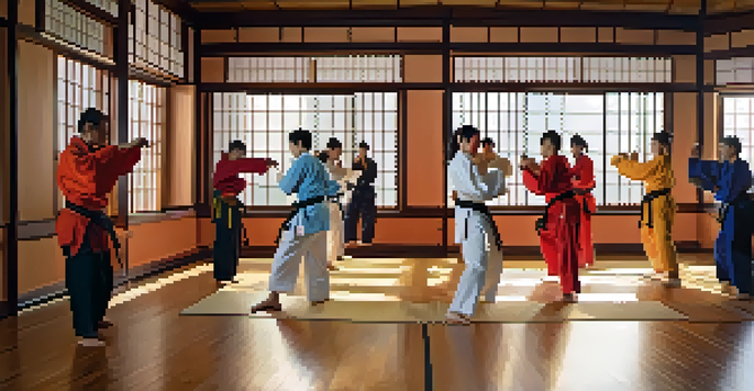 A group of diverse martial arts practitioners training together in a dojo, showcasing teamwork and collaboration with colorful uniforms and warm natural lighting.
