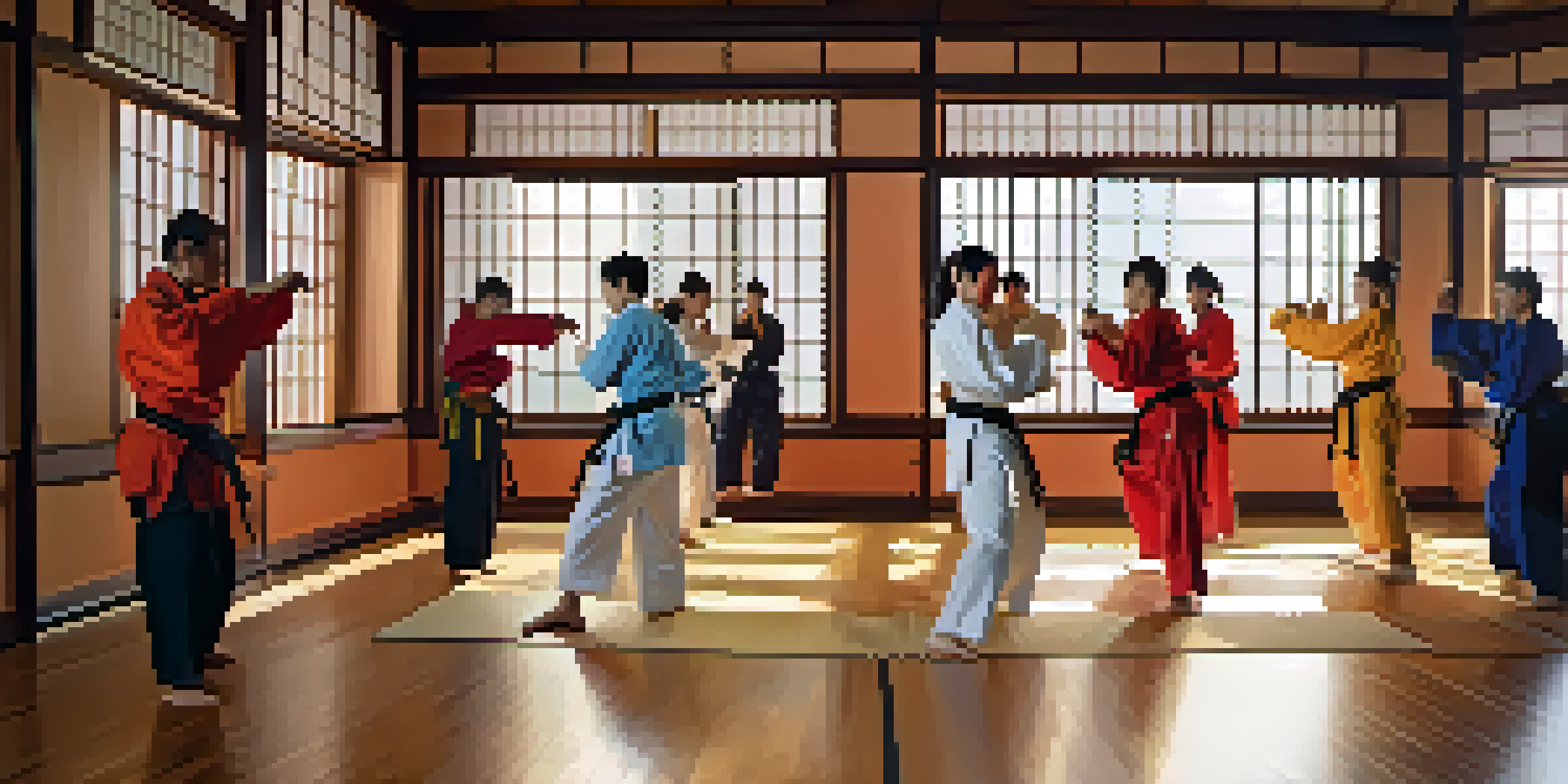 A group of diverse martial arts practitioners training together in a dojo, showcasing teamwork and collaboration with colorful uniforms and warm natural lighting.
