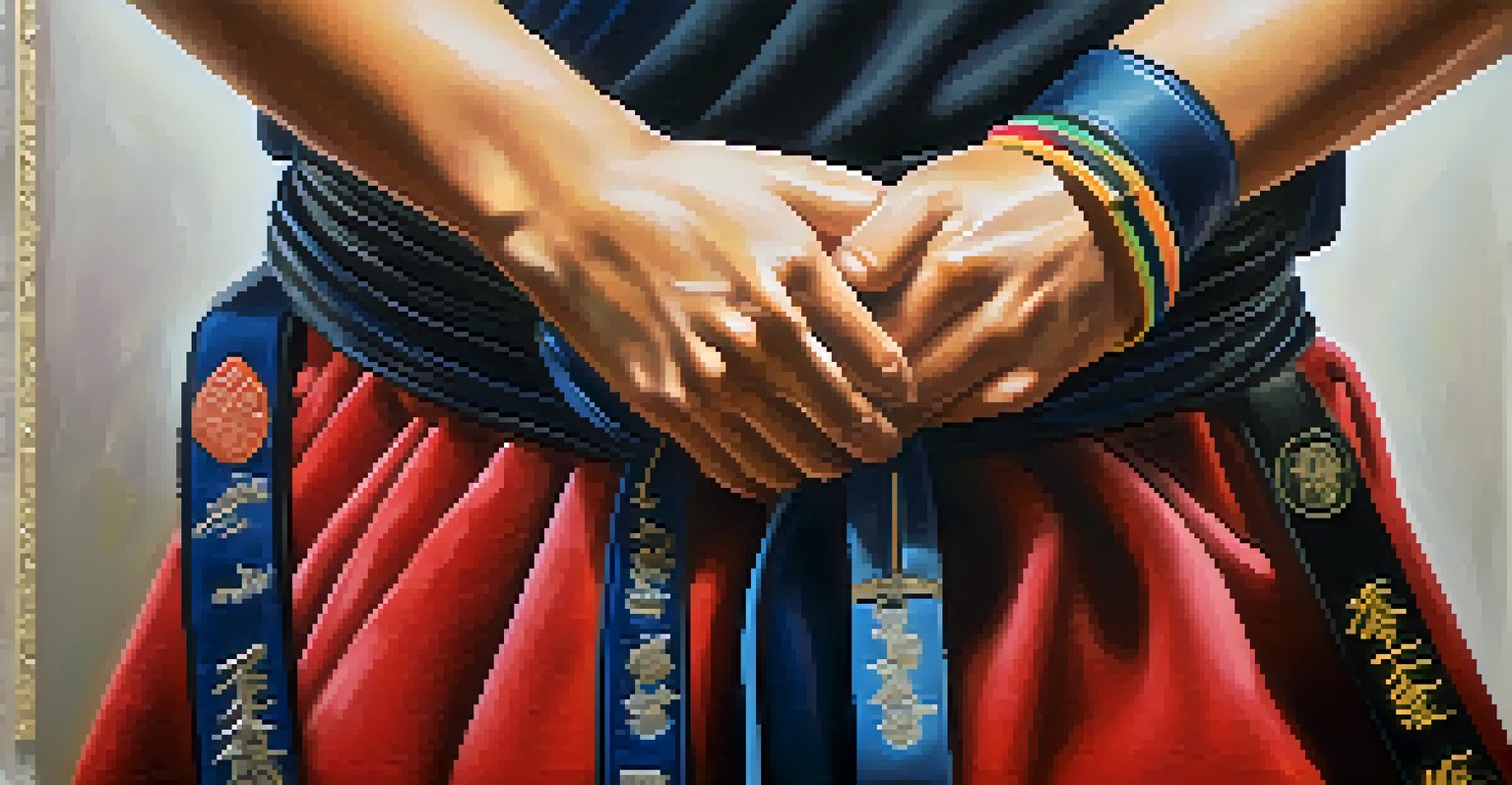 A close-up image of hands tying a martial arts belt, representing discipline and achievement.