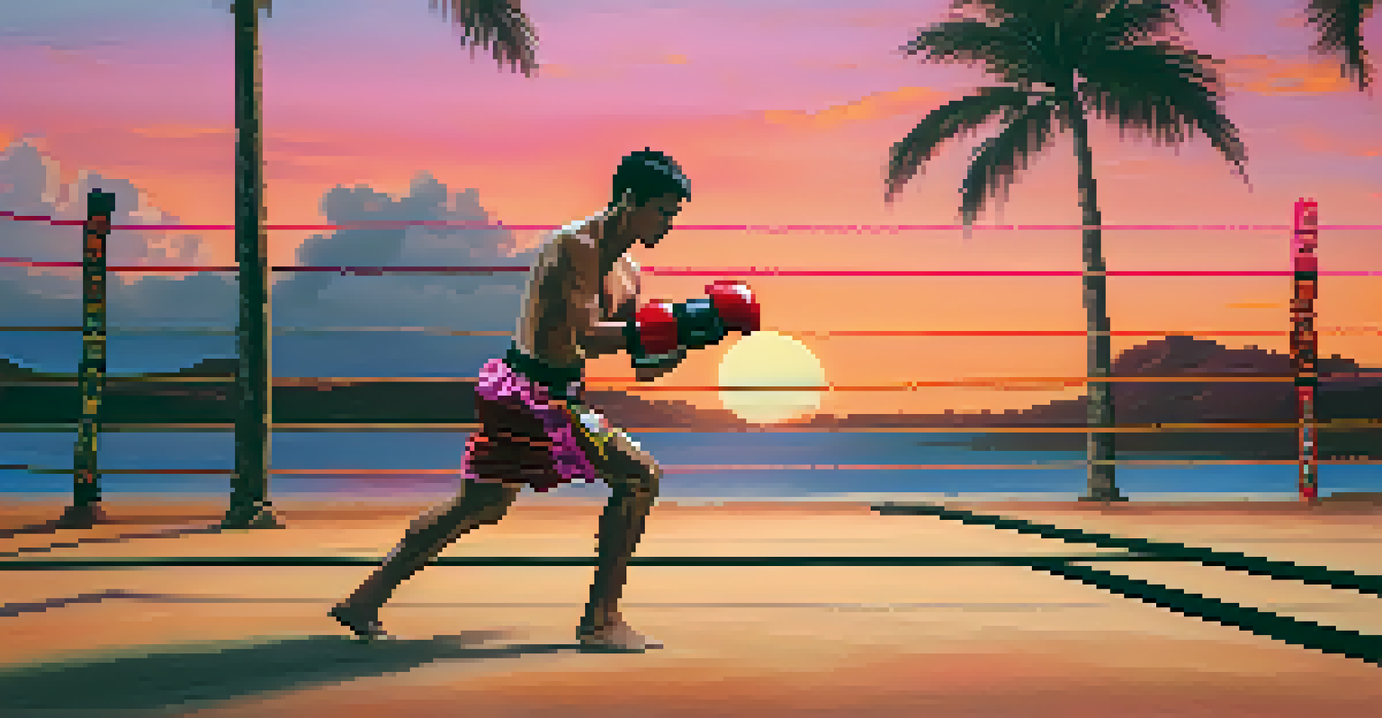 A practitioner performing a high kick on a heavy bag during a Muay Thai training session at sunset.
