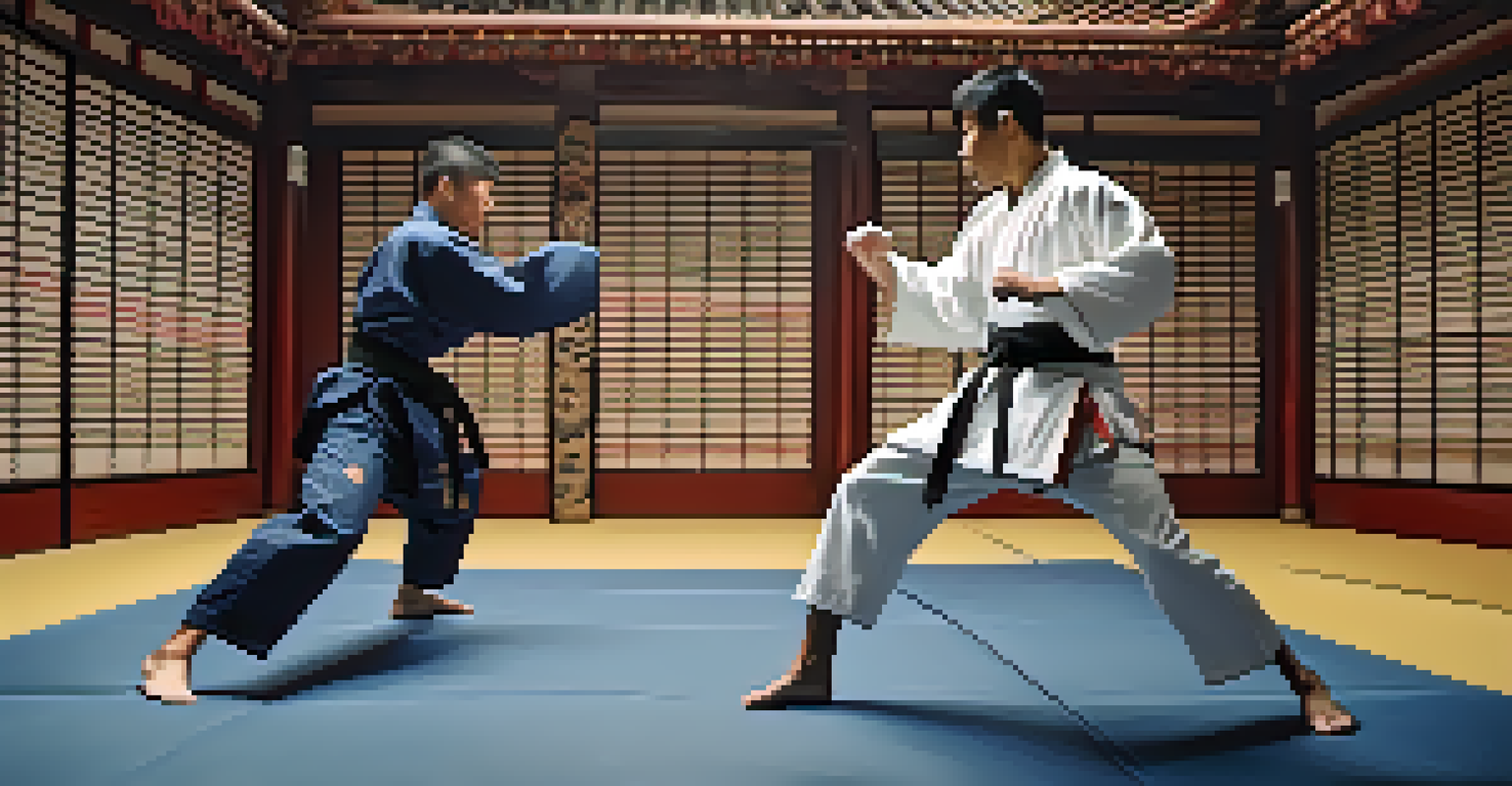 Two martial artists sparring in a dojo, showing intense focus and movement.