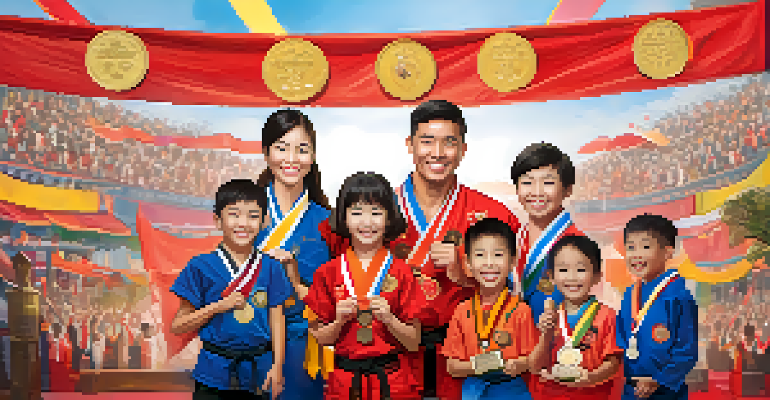A family happily celebrating with medals after a martial arts achievement, surrounded by a festive banner.