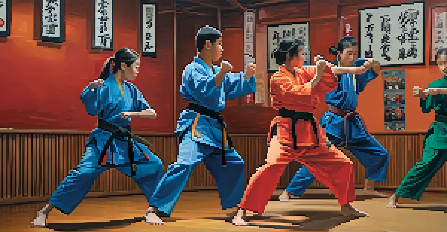 A diverse group of martial arts students sparring in a dojo, showcasing teamwork and concentration.